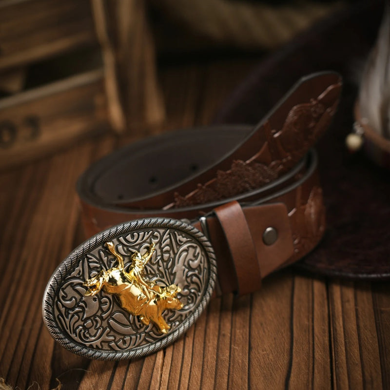 Cinto + Fivela Country Cowboy Dourado Couro PU