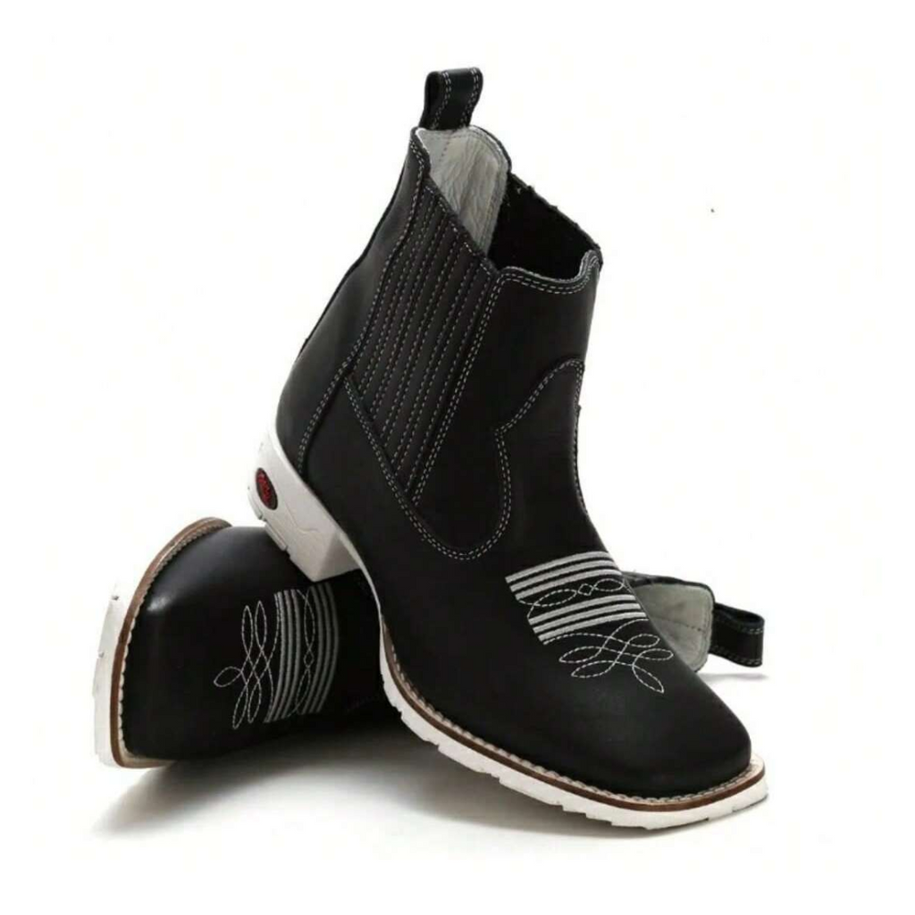 Bota Country Texana Preta com Solado Branco Couro Legítimo