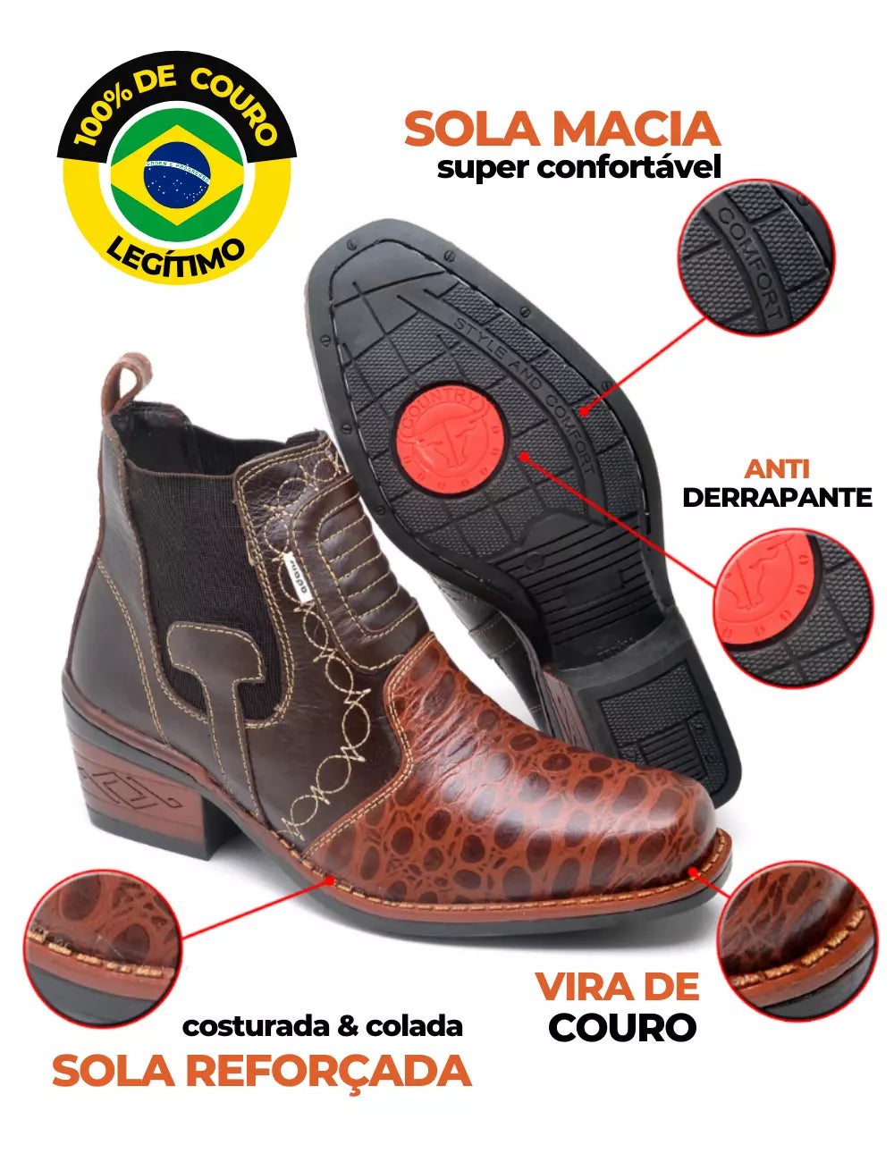 Bota Country Texana em Couro Legítimo + Copo Térmico GRÁTIS