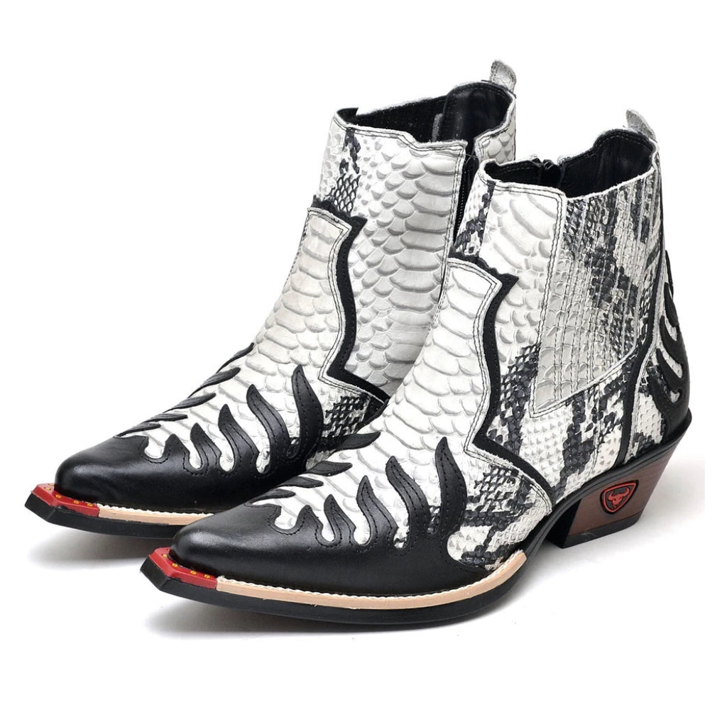 Bota Texana Masculina Bico Fino em Couro Exótico Branca e Preto Elegante