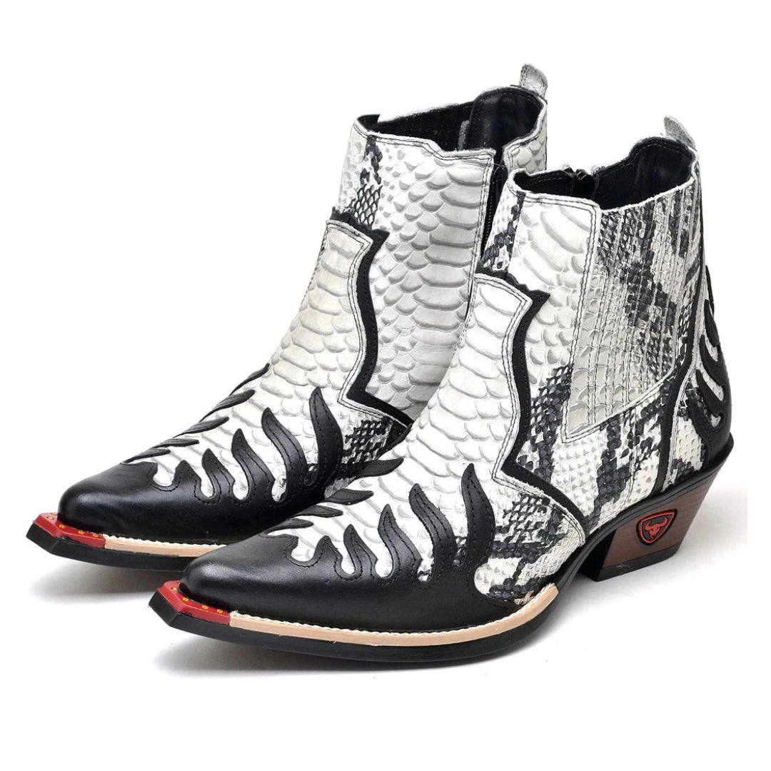Bota Texana Masculina Bico Fino em Couro Exótico Branca e Preto Elegante