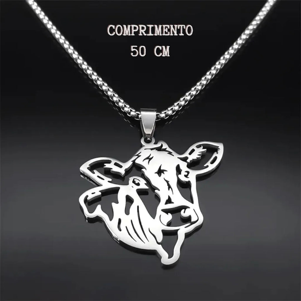 Corrente + Pingente Vaca Prata e Dourada Aço Inoxidável