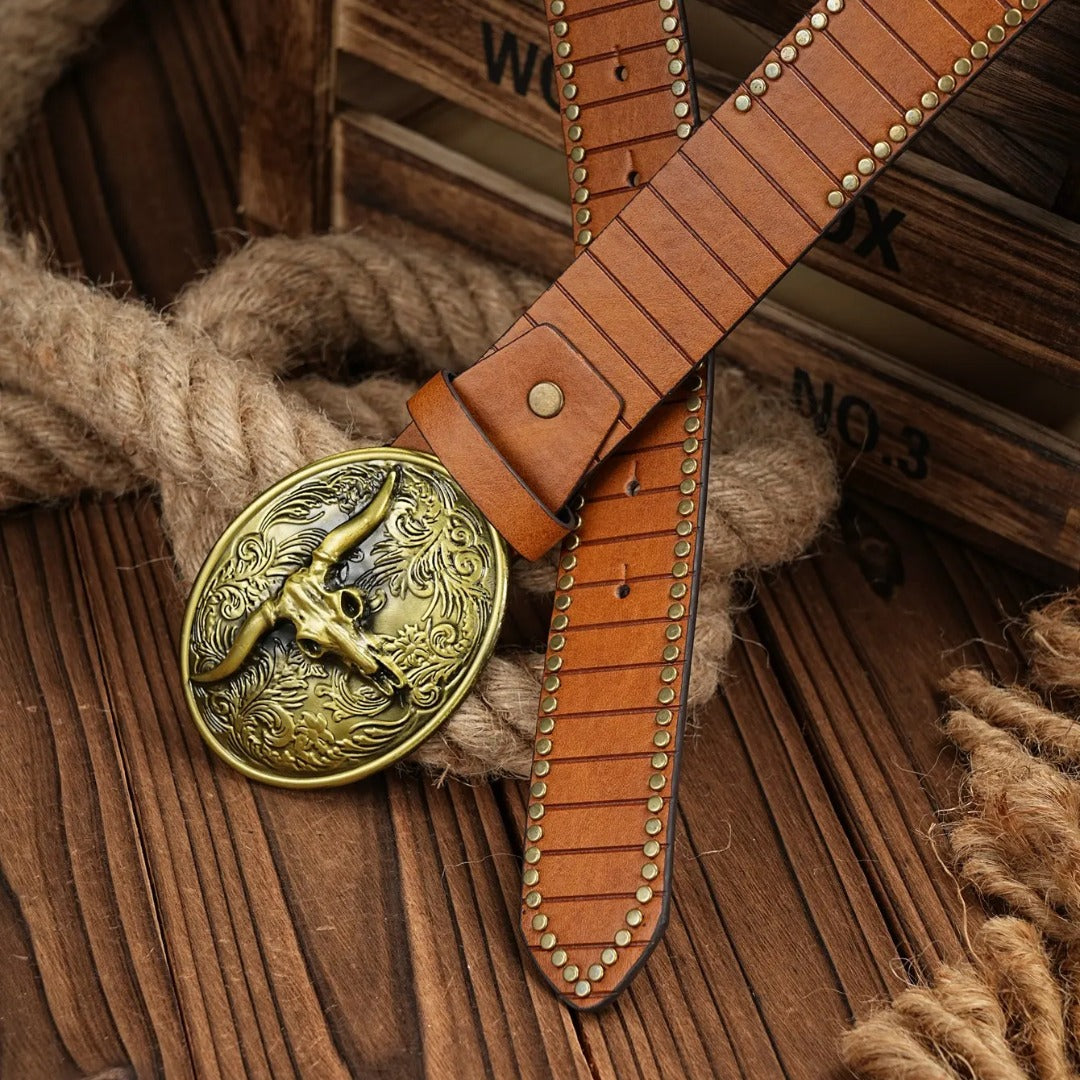 Cinto Country Fivela Cabeça Touro Long Couro PU