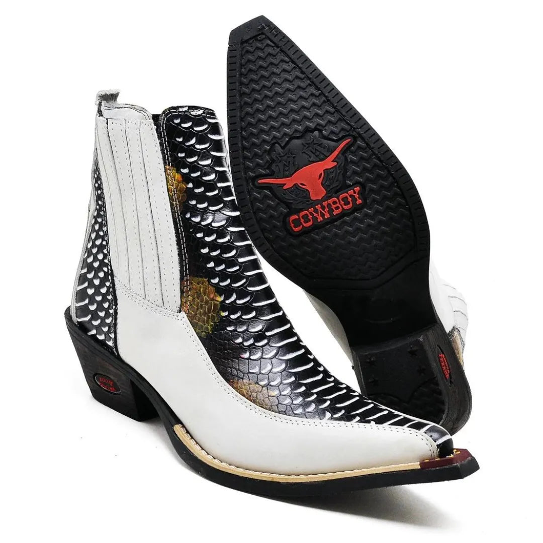 Bota Country Masculina Branco Gelo Estampado Bico Fino Couro Estilo Cobra