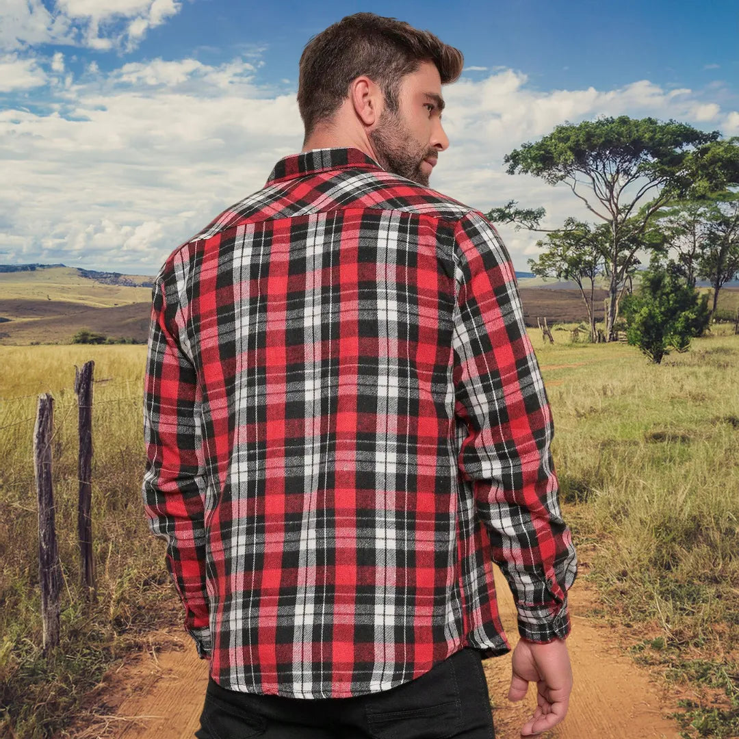 Camisa Xadrez Manga Longa Flanela Estilo Country Vermelho e Branco