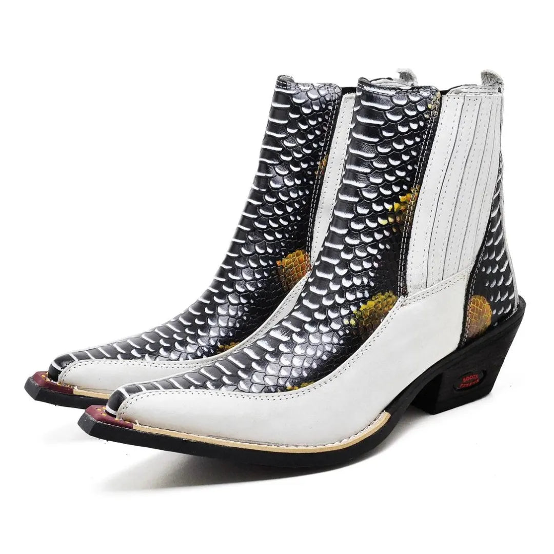 Bota Country Masculina Branco Gelo Estampado Bico Fino Couro Estilo Cobra