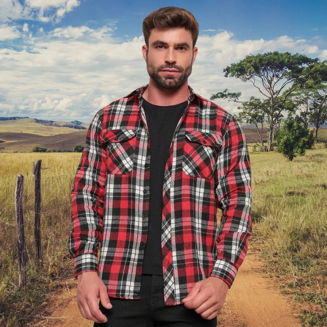 Camisa Xadrez Manga Longa Flanela Estilo Country Vermelho e Branco