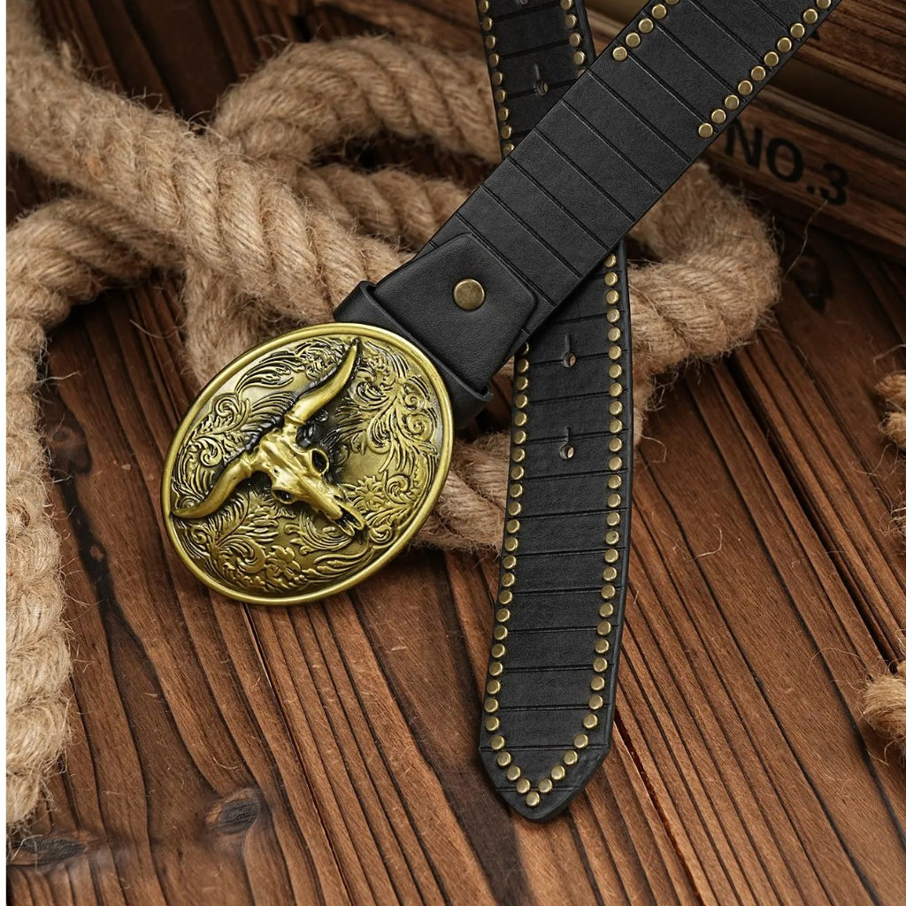 Cinto Country Fivela Cabeça Touro Long Couro PU