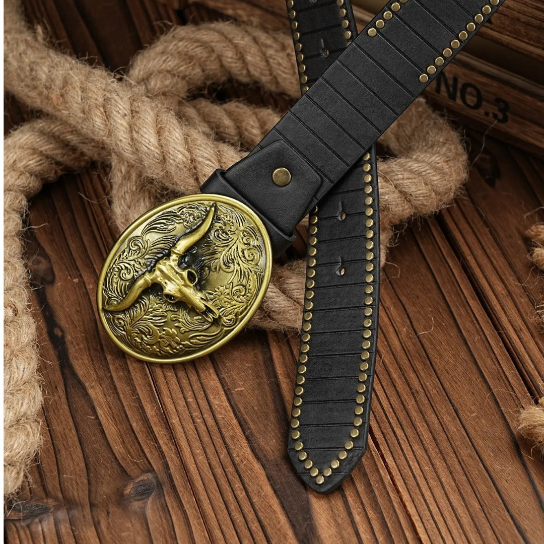 Cinto Country Fivela Cabeça Touro Long Couro PU