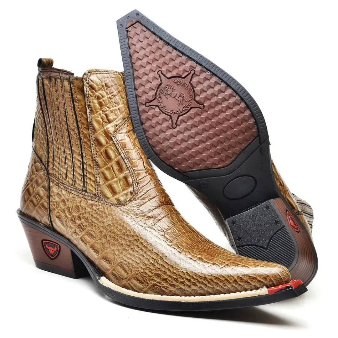 Bota Country Masculina Bege Bico Fino Couro Estilo Jacaré