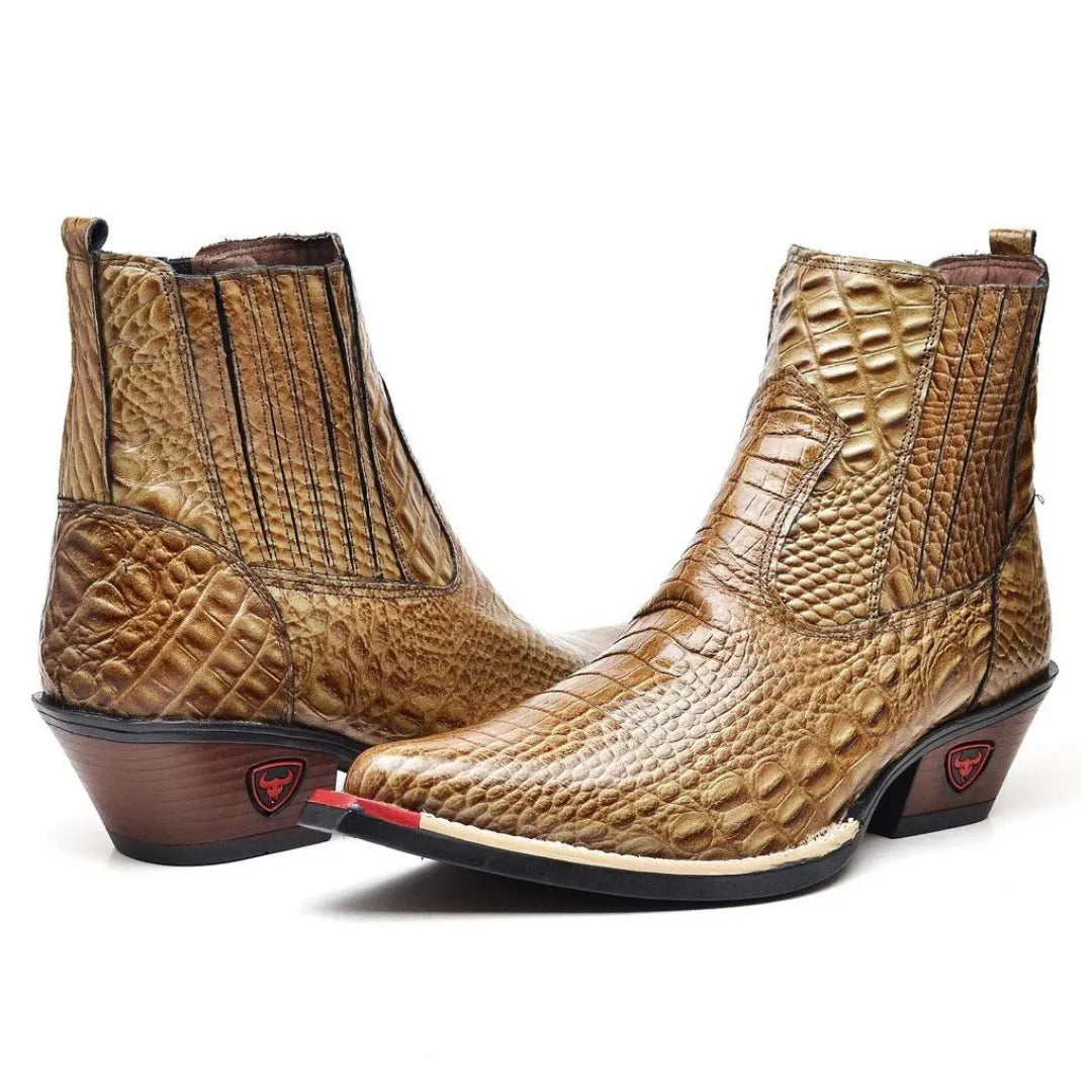 Bota Country Masculina Bege Bico Fino Couro Estilo Jacaré