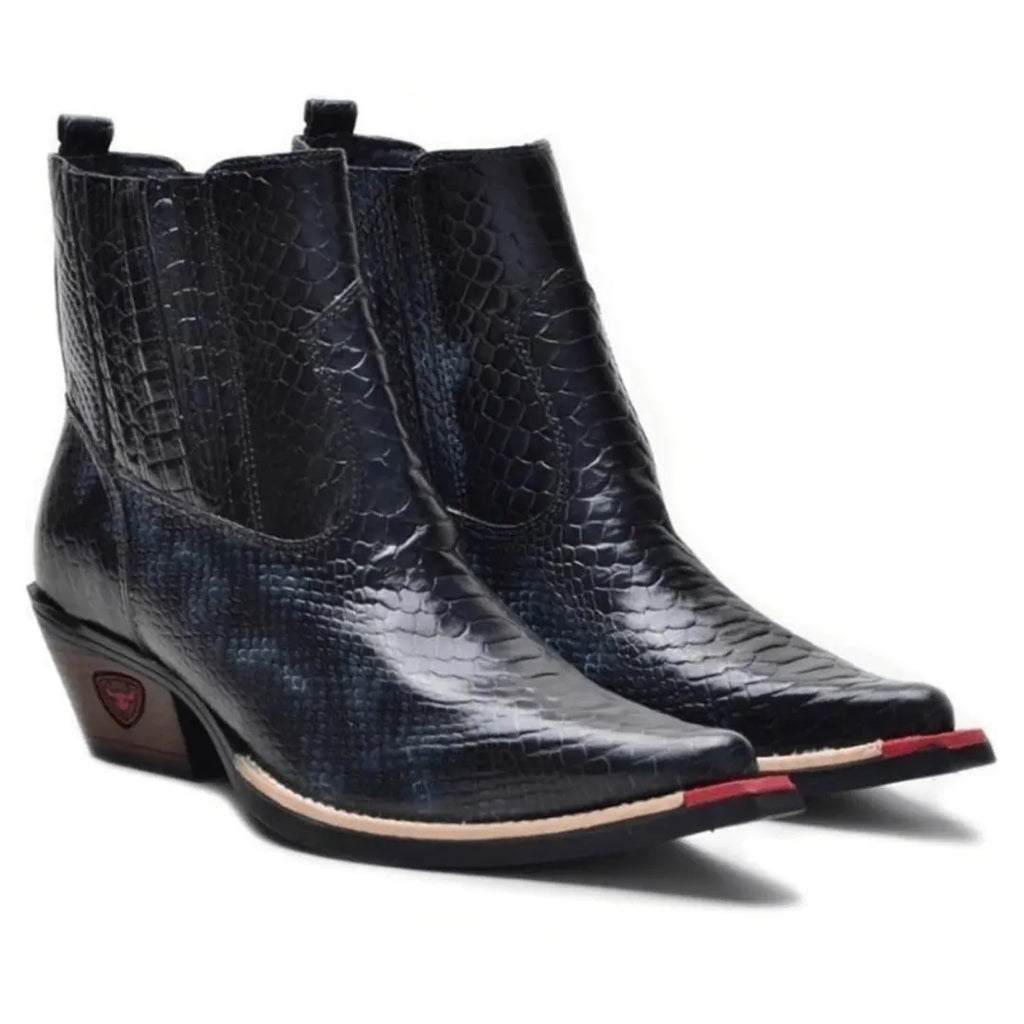 Bota Country Masculina Preta Bico Fino Couro Estilo Cobra