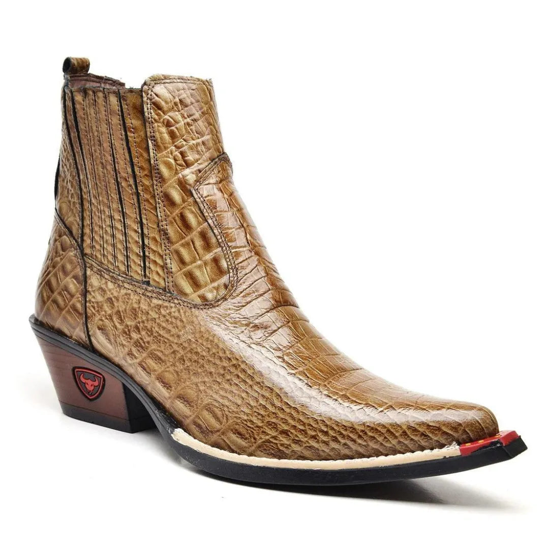 Bota Country Masculina Bege Bico Fino Couro Estilo Jacaré