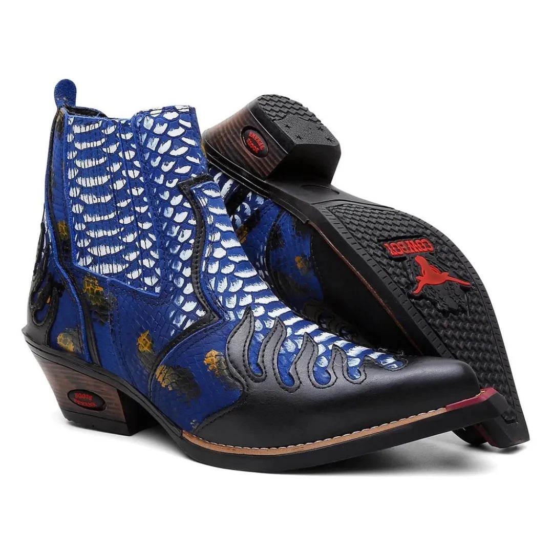 Bota Country Masculina Azul Estampado Bico Fino Couro Estilo Cobra