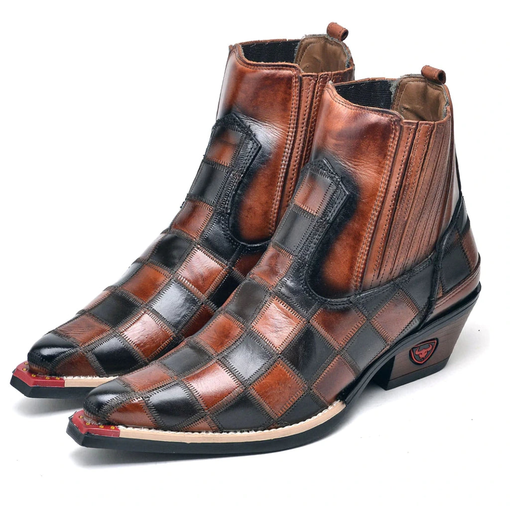 Bota Texana Masculina Bico Fino Xadrez Marrom