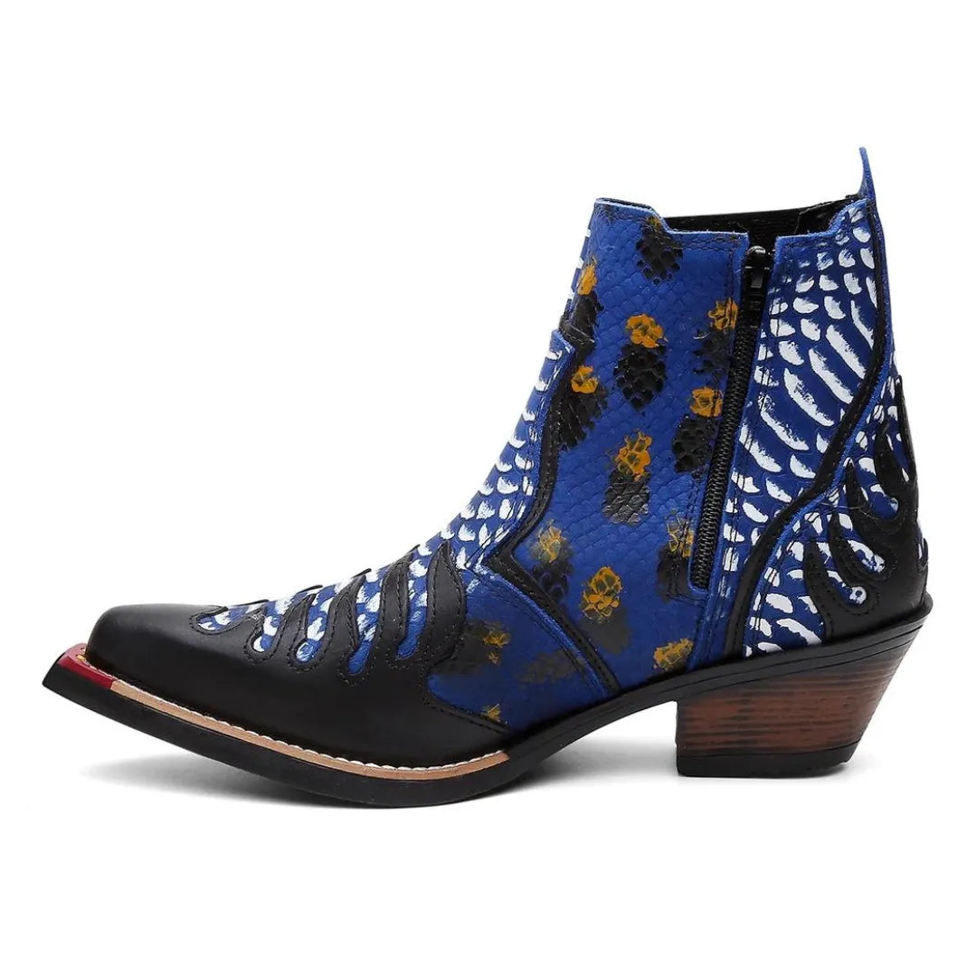 Bota Country Masculina Azul Estampado Bico Fino Couro Estilo Cobra