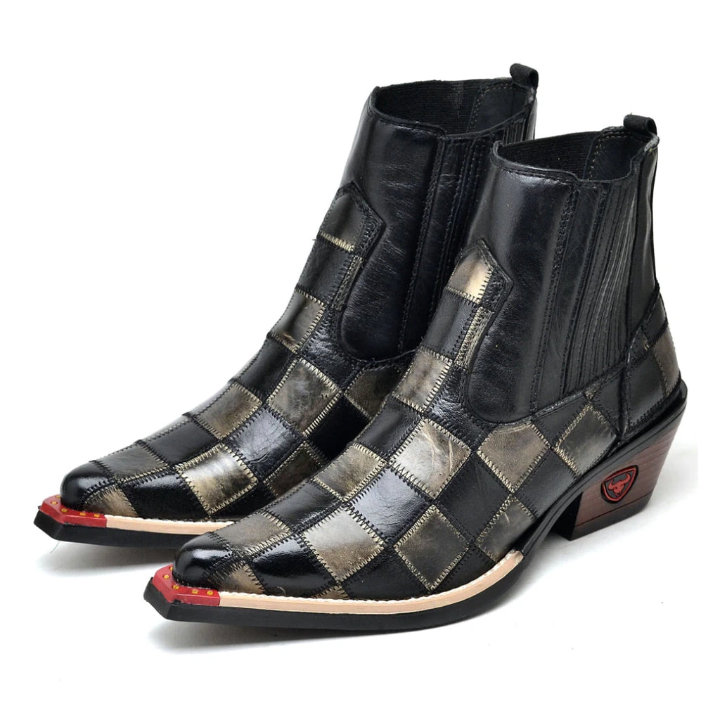 Bota Texana Masculina Bico Fino em Couro Xadrez Preto