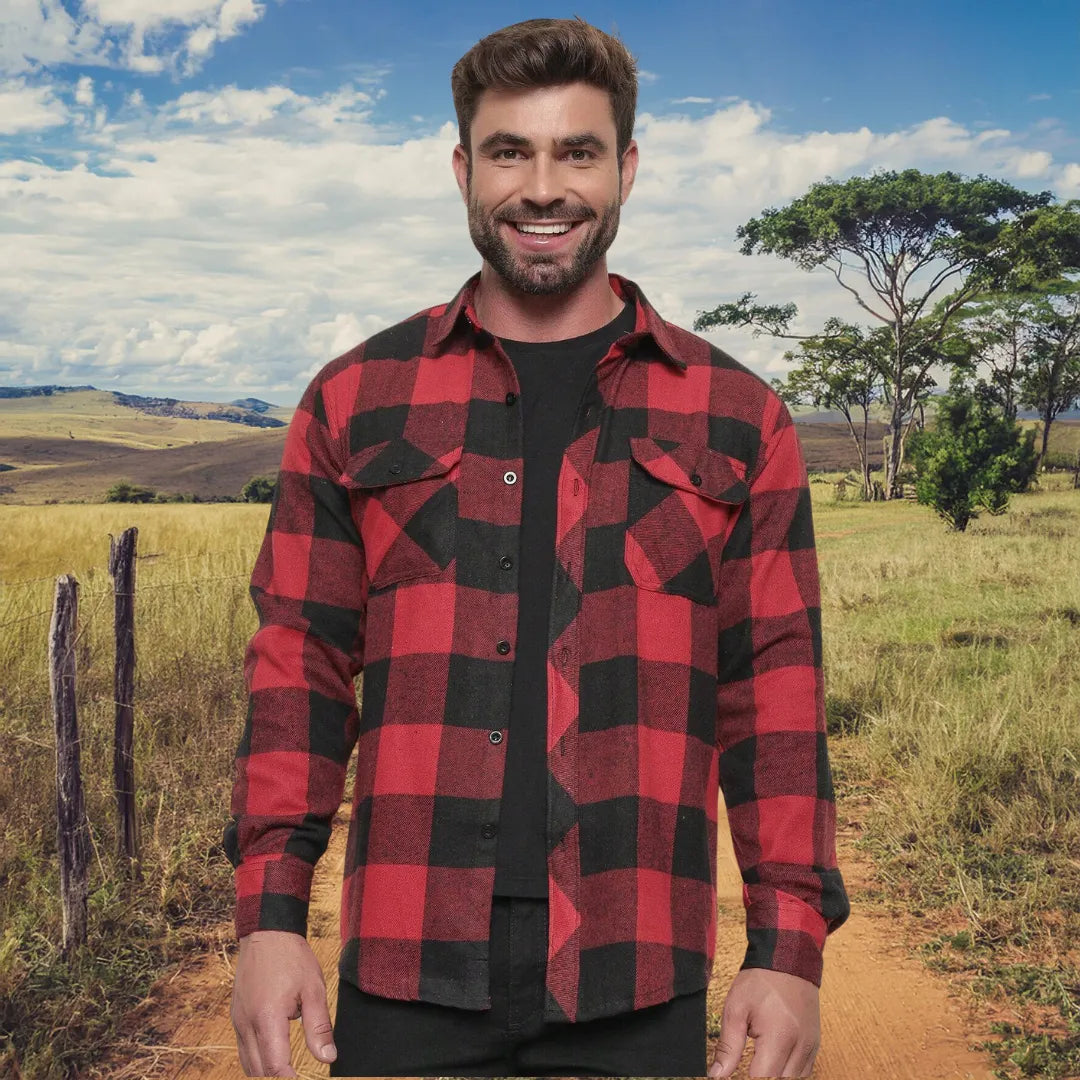 Camisa Xadrez Manga Longa Flanela Estilo Country Vermelha e Preto