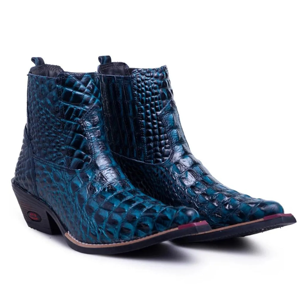 Bota Country Masculina Azul Petróleo Bico Fino Couro Estilo Jacaré