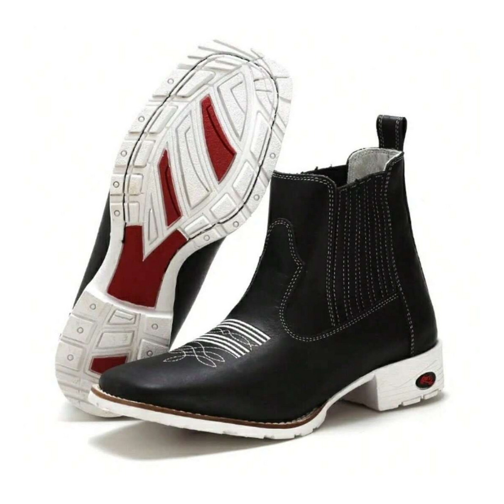 Bota Country Texana Preta com Solado Branco Couro Legítimo