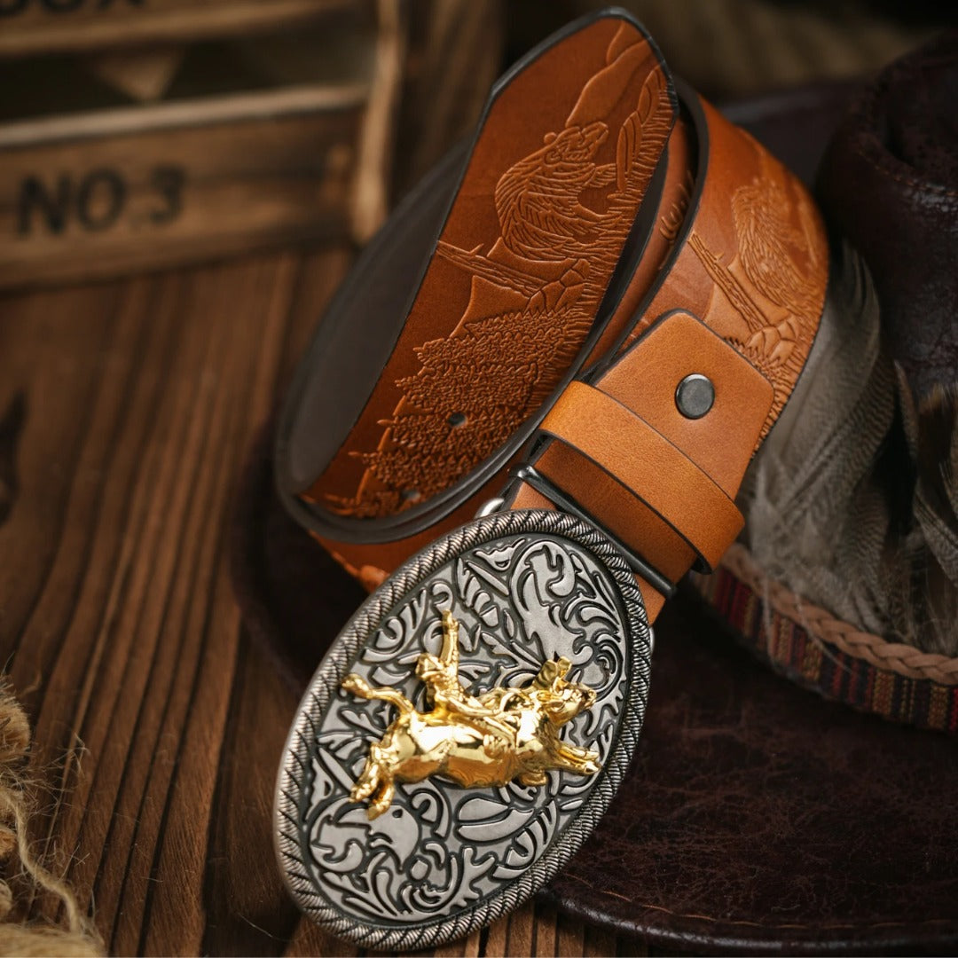 Cinto Country Fivela Cowboy Dourado Couro PU