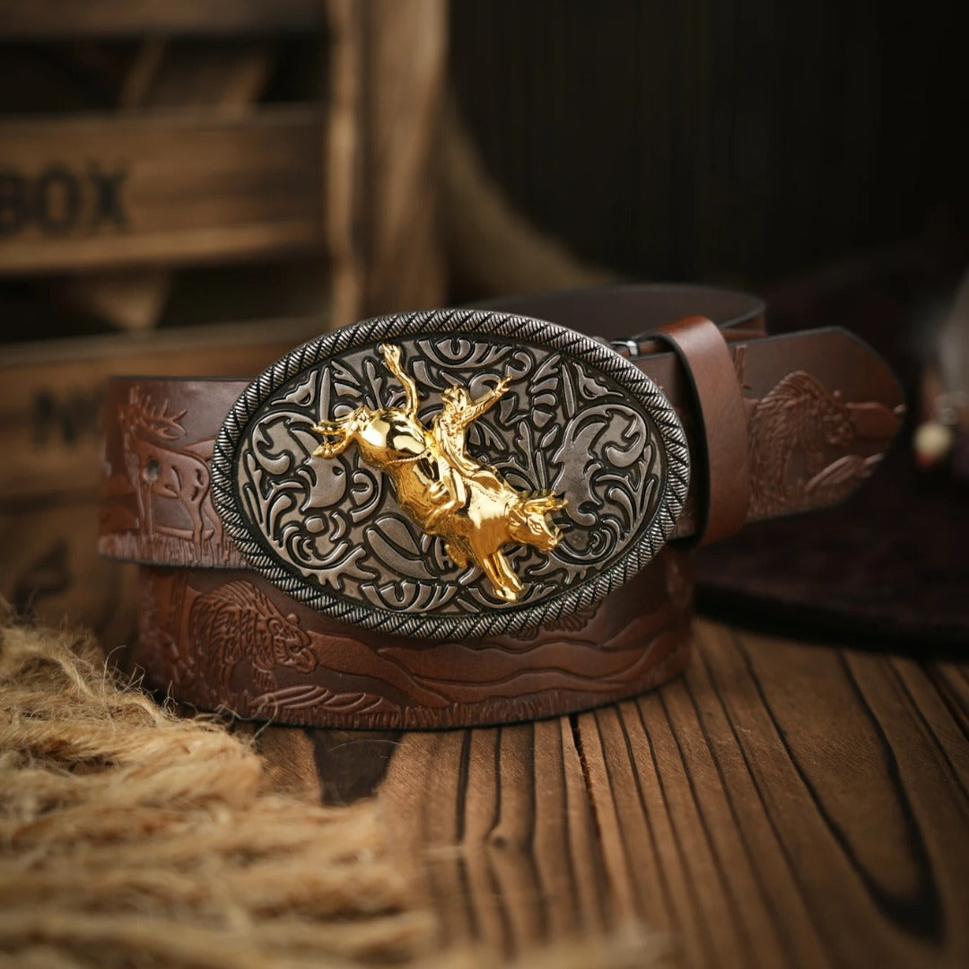 Cinto Country Fivela Cowboy Dourado Couro PU