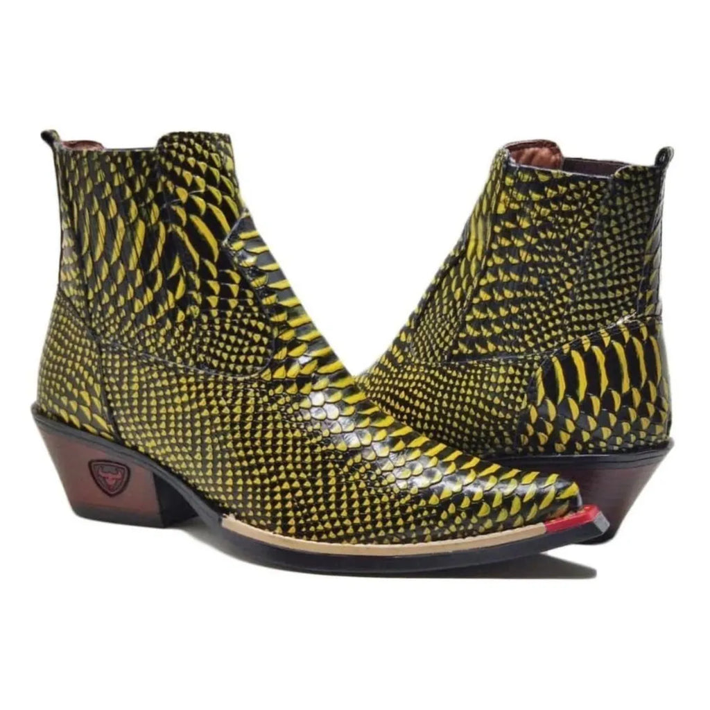 Bota Country Masculina Amarela Bico Fino Couro Estilo Cobra