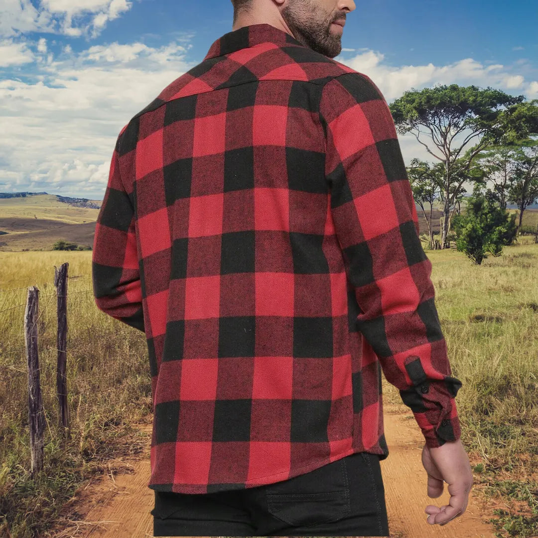 Camisa Xadrez Manga Longa Flanela Estilo Country Vermelha e Preto