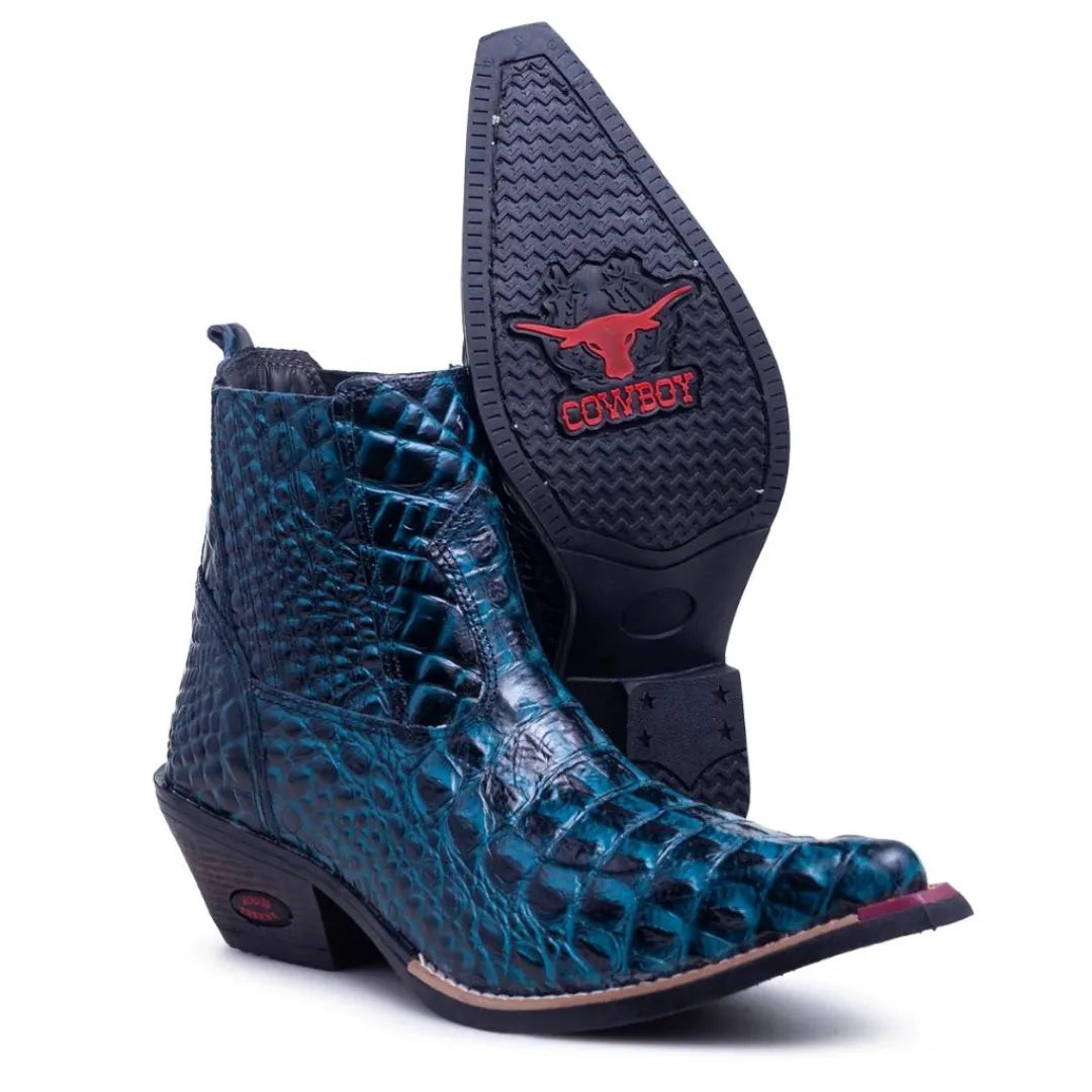 Bota Country Masculina Azul Petróleo Bico Fino Couro Estilo Jacaré