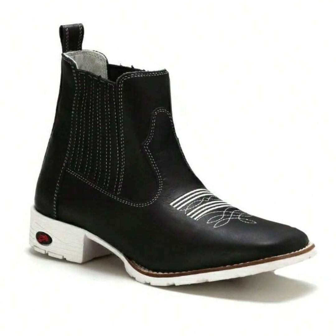 Bota Country Texana Preta com Solado Branco Couro Legítimo