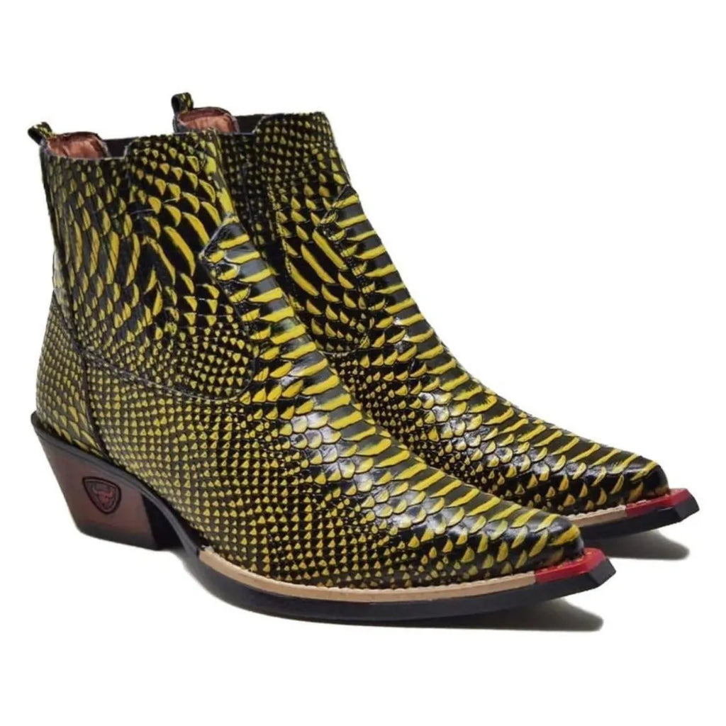 Bota Country Masculina Amarela Bico Fino Couro Estilo Cobra