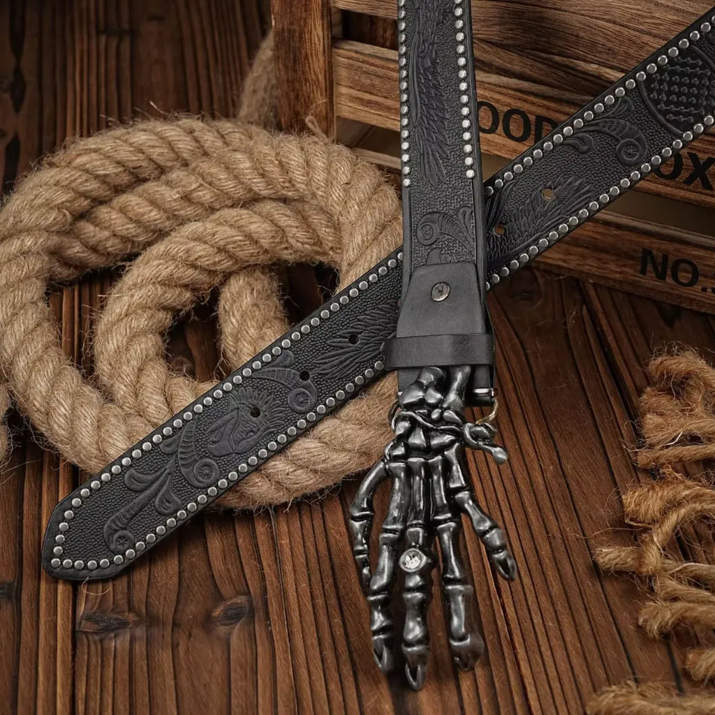 Cinto Country Fivela Mão de Esqueleto Couro PU