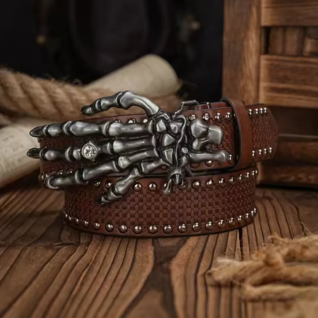 Cinto Country Fivela Mão de Esqueleto Couro PU