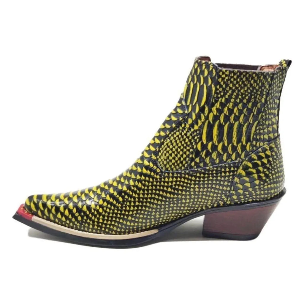Bota Country Masculina Amarela Bico Fino Couro Estilo Cobra
