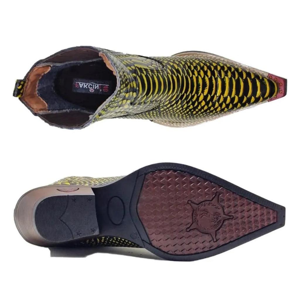 Bota Country Masculina Amarela Bico Fino Couro Estilo Cobra