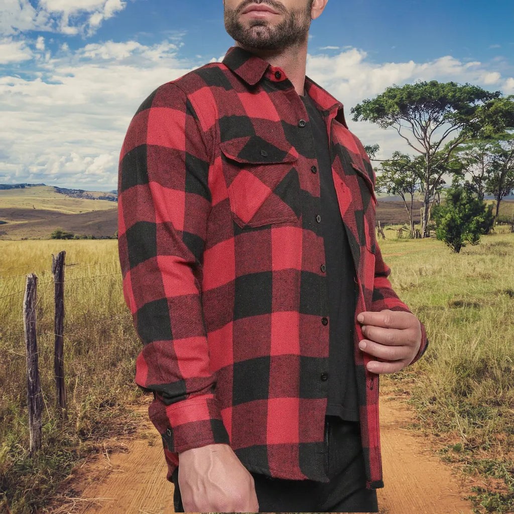 Camisa Xadrez Manga Longa Flanela Estilo Country Vermelha e Preto