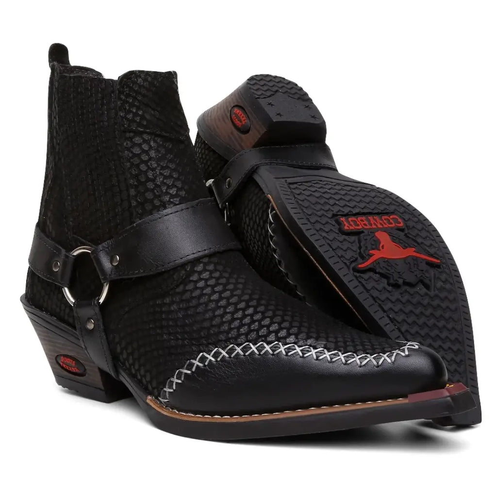 Bota Country Texana com Cabresto Removível Preta Bico Fino