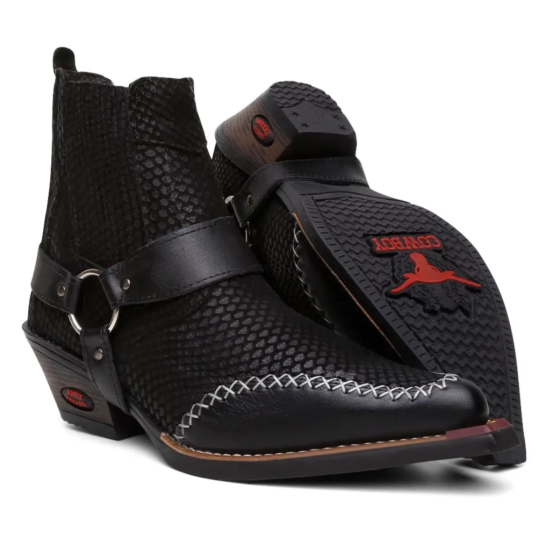 Bota Country Texana com Cabresto Removível Preta Bico Fino