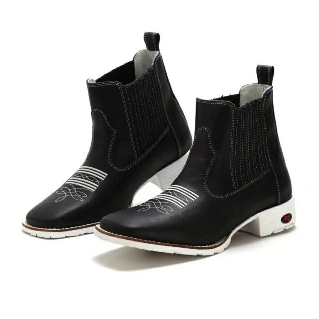 Bota Country Texana Preta com Solado Branco Couro Legítimo