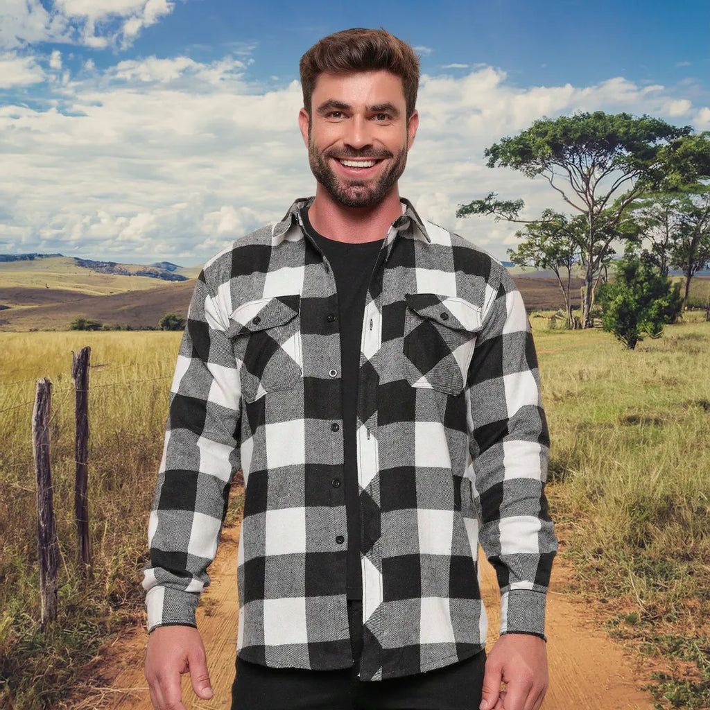 Camisa Xadrez Manga Longa Flanela Estilo Country Preto e Branco