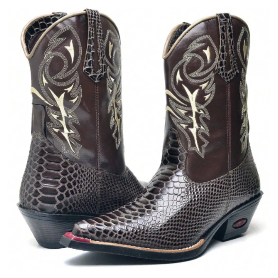 Bota Country Marrom Bico Fino Couro Cano Médio