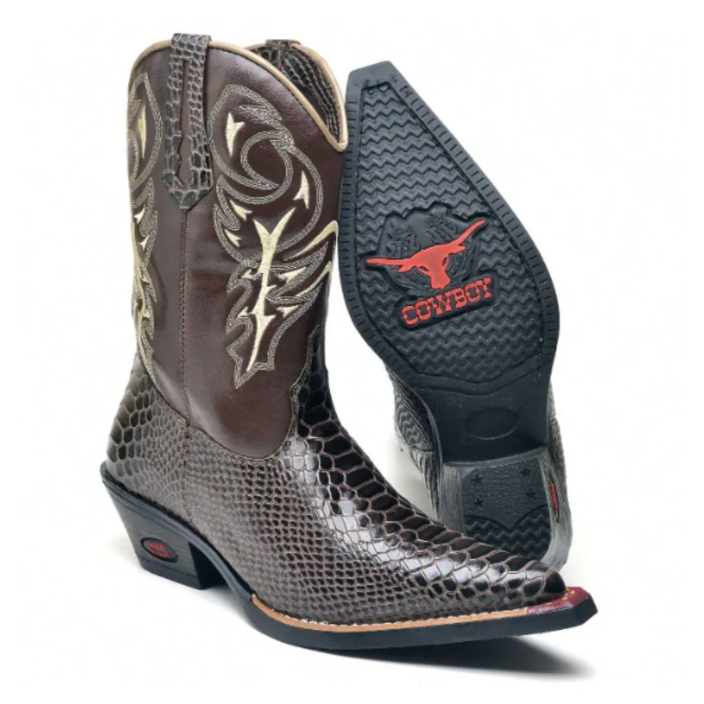 Bota Country Marrom Bico Fino Couro Cano Médio