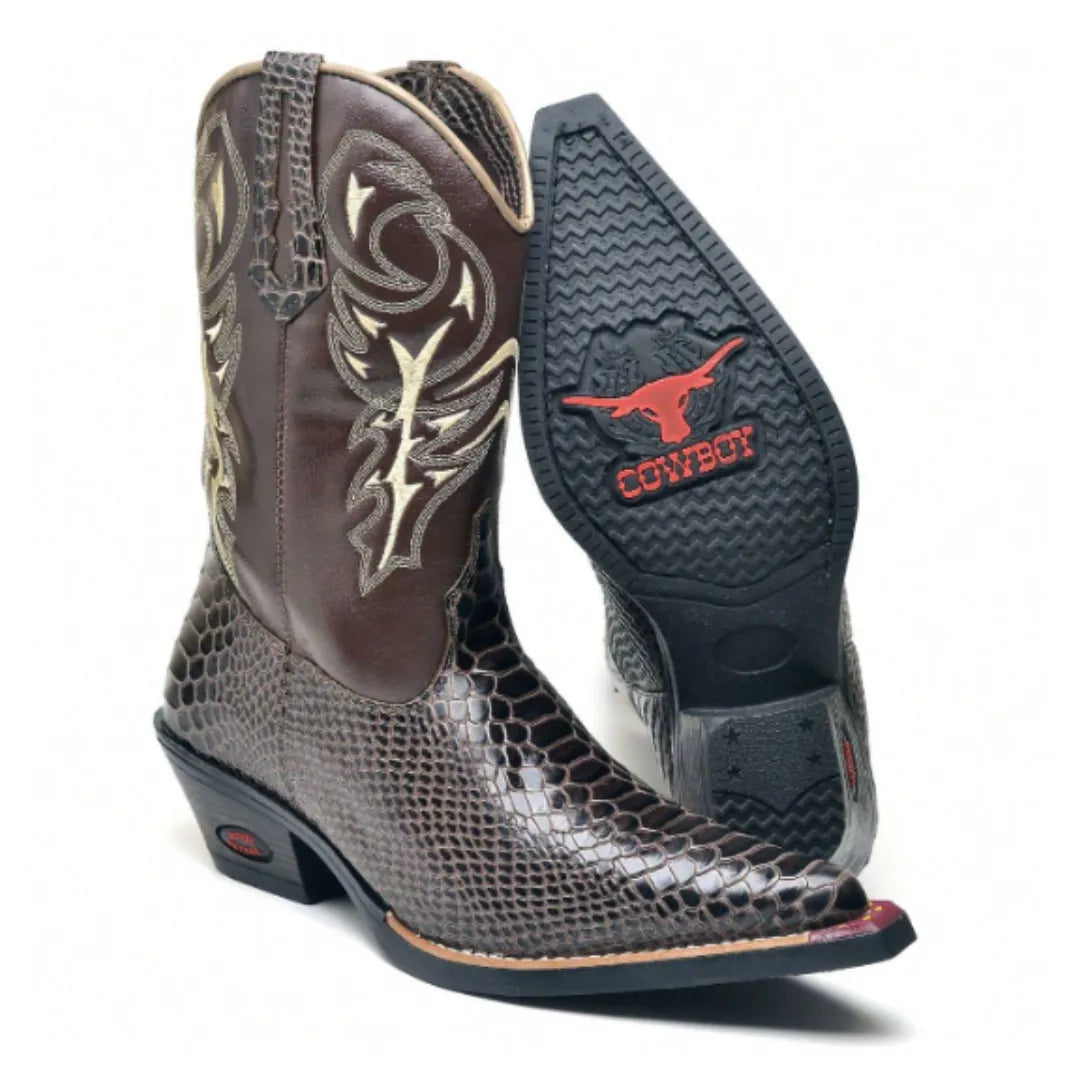 Bota Country Marrom Bico Fino Couro Cano Médio