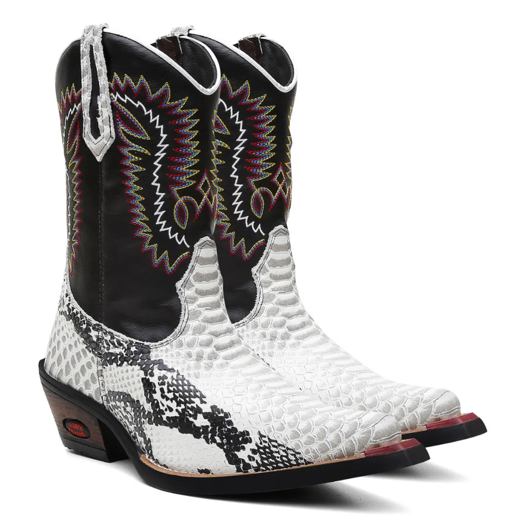 Bota Country Masculina Branca Bico Fino Couro Cano Médio