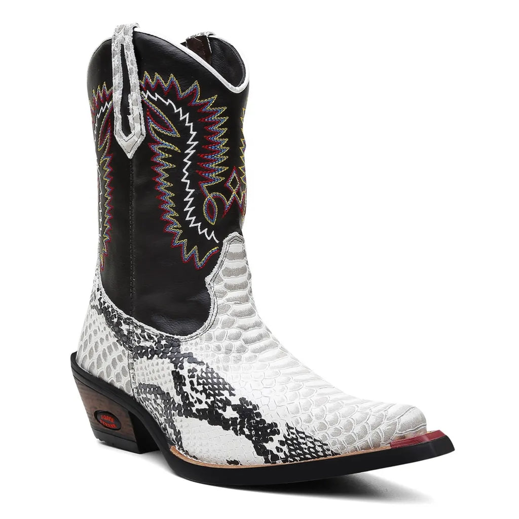 Bota Country Masculina Branca Bico Fino Couro Cano Médio