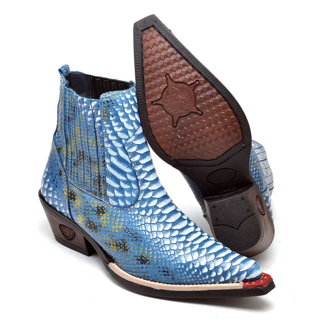 Bota Country Masculina Azul Bico Fino Couro Estilo Cobra
