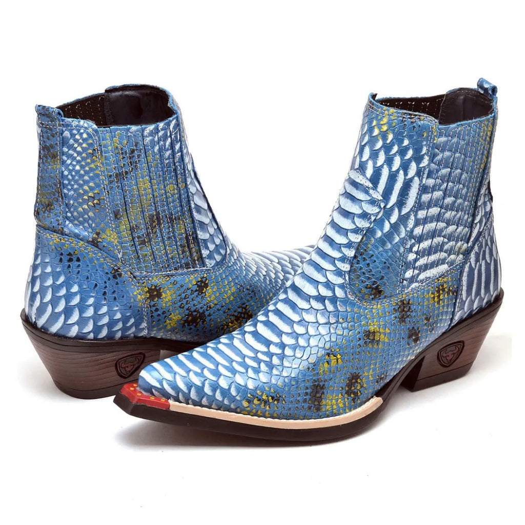 Bota Country Masculina Azul Bico Fino Couro Estilo Cobra