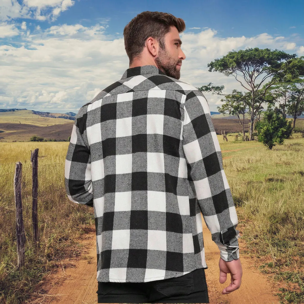 Camisa Xadrez Manga Longa Flanela Estilo Country Preto e Branco