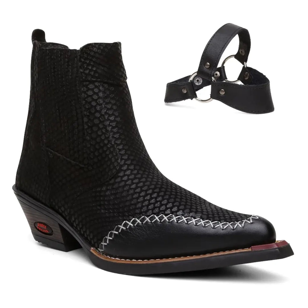Bota Country Texana com Cabresto Removível Preta Bico Fino