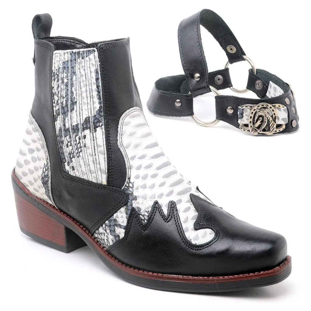 Bota Country Masculina Branco Gelo em Couro Masculina com Cabresto Removível e Elástico